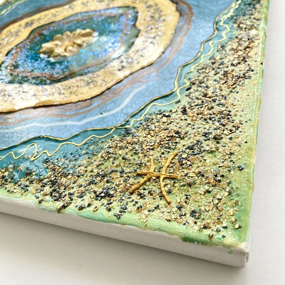 Snowflake Geode - Original Art Mixed Media Faux Geode Signed Painting 12”x12” - Picture 8 of 9